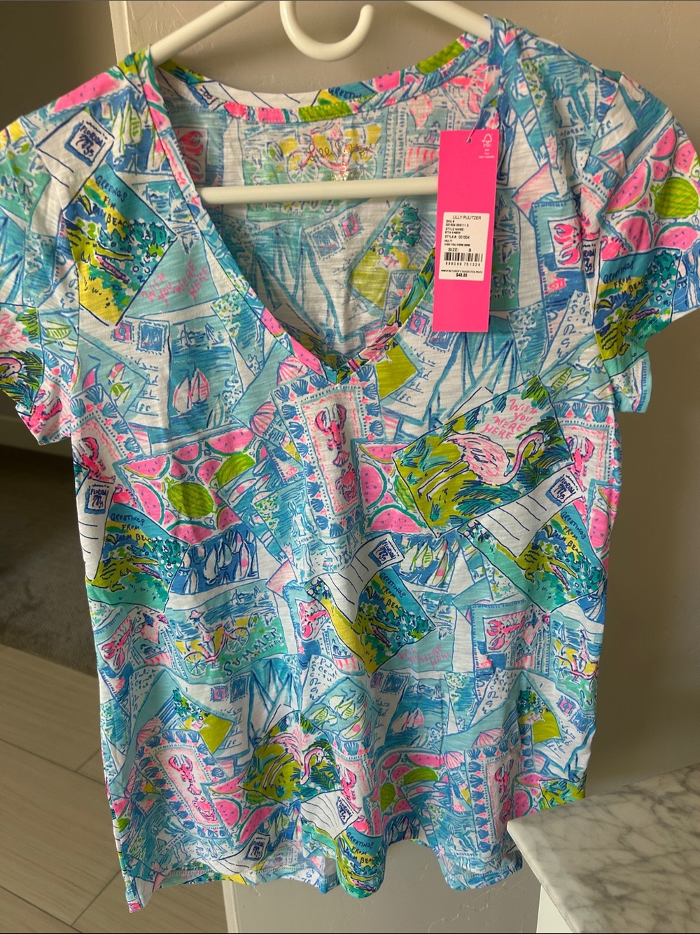 Lilly Pulitzer Blue, Pink & Green Postcard Print V-Neck Tee